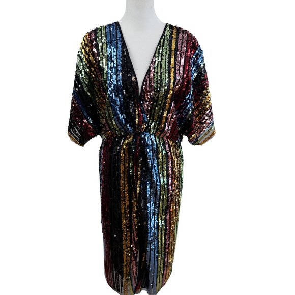NWOT MANGO Sequin Rainbow Striped Dress – Deep V-Neck Party Dress - Picture 2 of 8